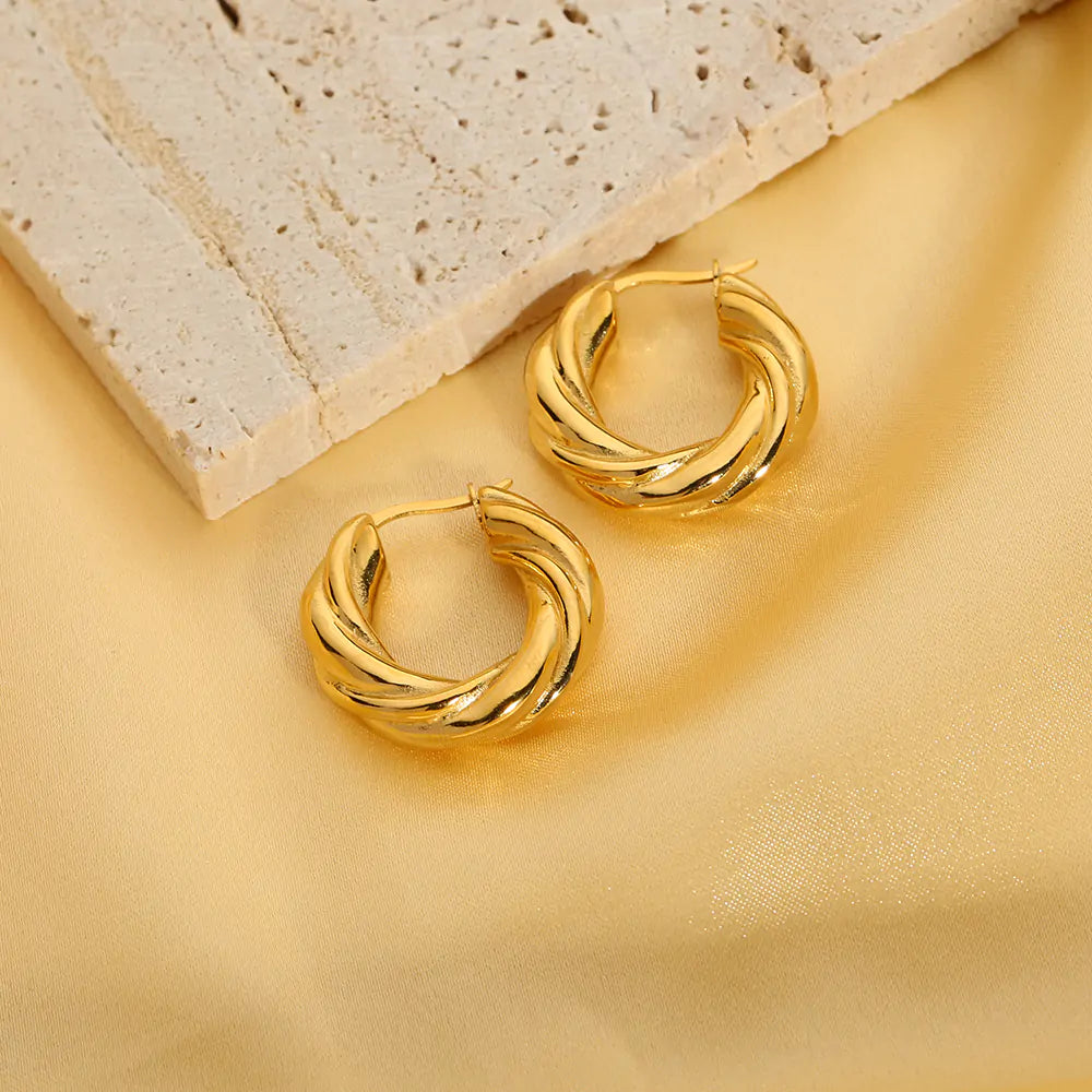 18K Gold Twist Hoop Earrings: Stainless Steel Chunky Curve Earring